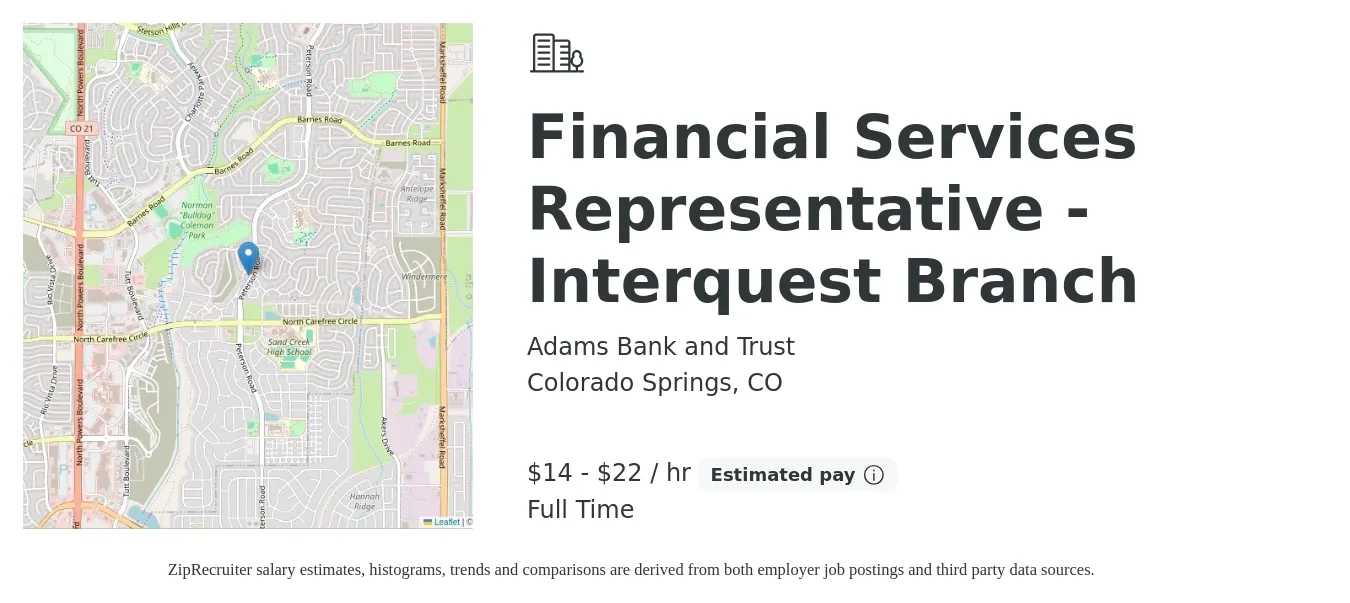 Adams Bank and Trust job posting for a Financial Services Representative - Interquest Branch in Colorado Springs, CO with a salary of $15 to $23 Hourly with a map of Colorado Springs location.