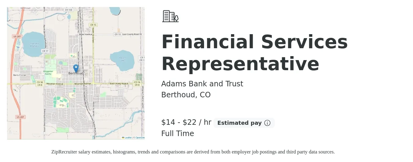 Adams Bank and Trust job posting for a Financial Services Representative in Berthoud, CO with a salary of $15 to $23 Hourly with a map of Berthoud location.
