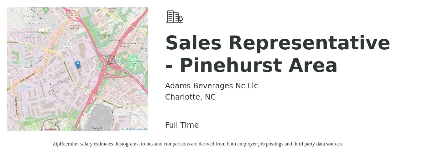 Adams Beverages Nc Llc job posting for a Sales Representative - Pinehurst Area in Charlotte, NC with a salary of $48,400 to $84,200 Yearly with a map of Charlotte location.
