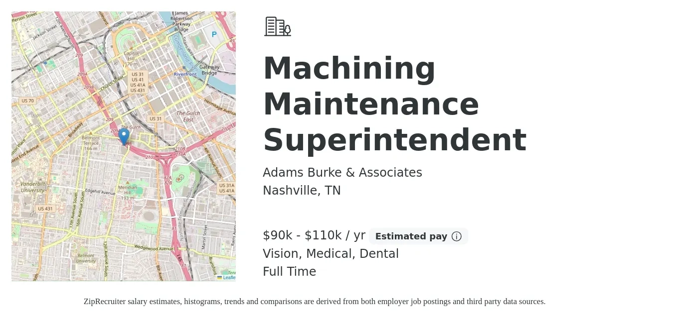 Adams Burke & Associates job posting for a Machining Maintenance Superintendent in Nashville, TN with a salary of $90,000 to $110,000 Yearly and benefits including dental, life_insurance, medical, retirement, and vision with a map of Nashville location.