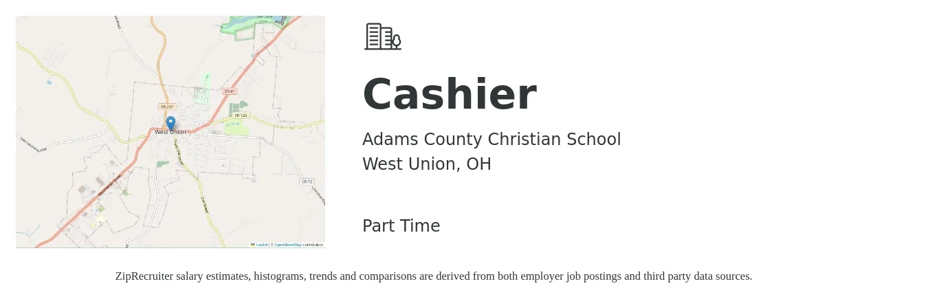 Adams County Christian School job posting for a Cashier in West Union, OH with a salary of $10 to $14 Hourly with a map of West Union location.