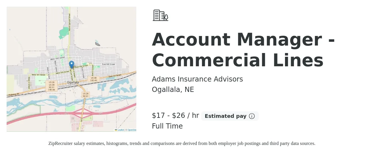 Adams Insurance Advisors job posting for a Account Manager - Commercial Lines in Ogallala, NE with a salary of $18 to $28 Hourly with a map of Ogallala location.