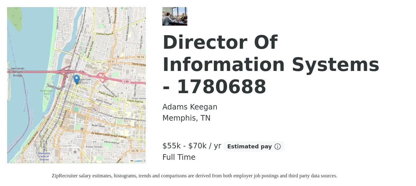 Adams Keegan job posting for a Director Of Information Systems - 1780688 in Memphis, TN with a salary of $55,000 to $70,000 Yearly with a map of Memphis location.