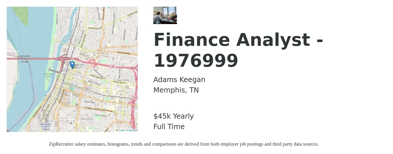 Adams Keegan job posting for a Finance Analyst - 1976999 in Memphis, TN with a salary of $40,000 to $45,000 Yearly with a map of Memphis location.