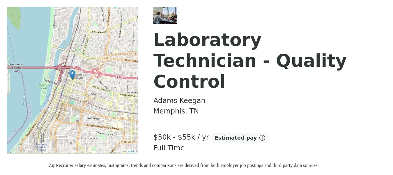 Adams Keegan job posting for a Laboratory Technician - Quality Control in Memphis, TN with a salary of $50,000 to $55,000 Yearly with a map of Memphis location.