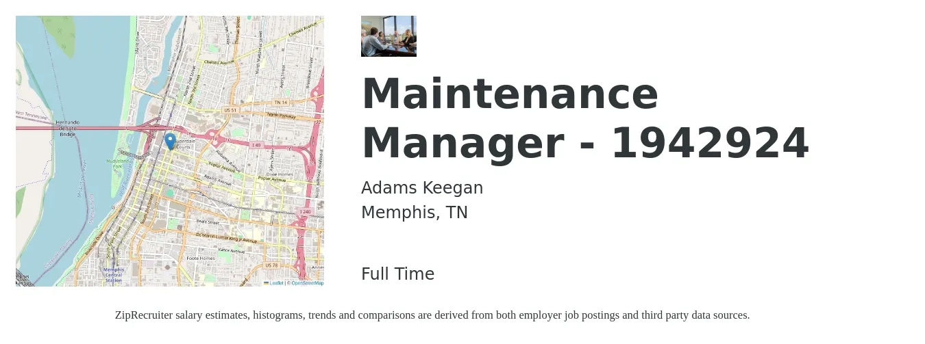 Adams Keegan job posting for a Maintenance Manager - 1942924 in Memphis, TN with a salary of $75,000 to $95,000 Yearly with a map of Memphis location.