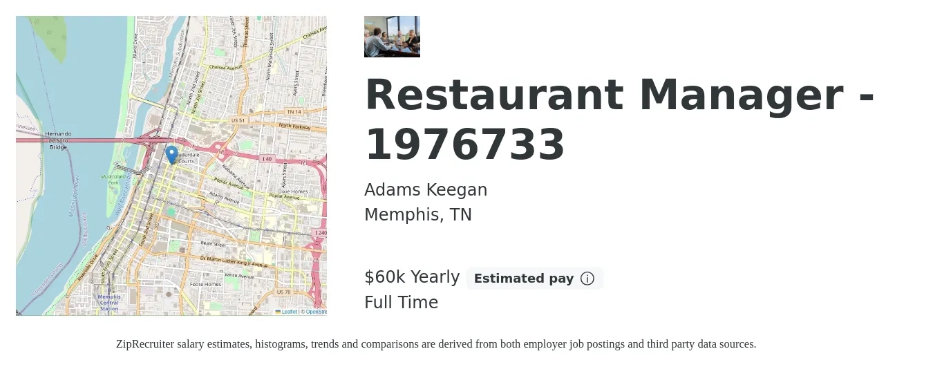 Adams Keegan job posting for a Restaurant Manager - 1976733 in Memphis, TN with a salary of $60,000 Yearly with a map of Memphis location.