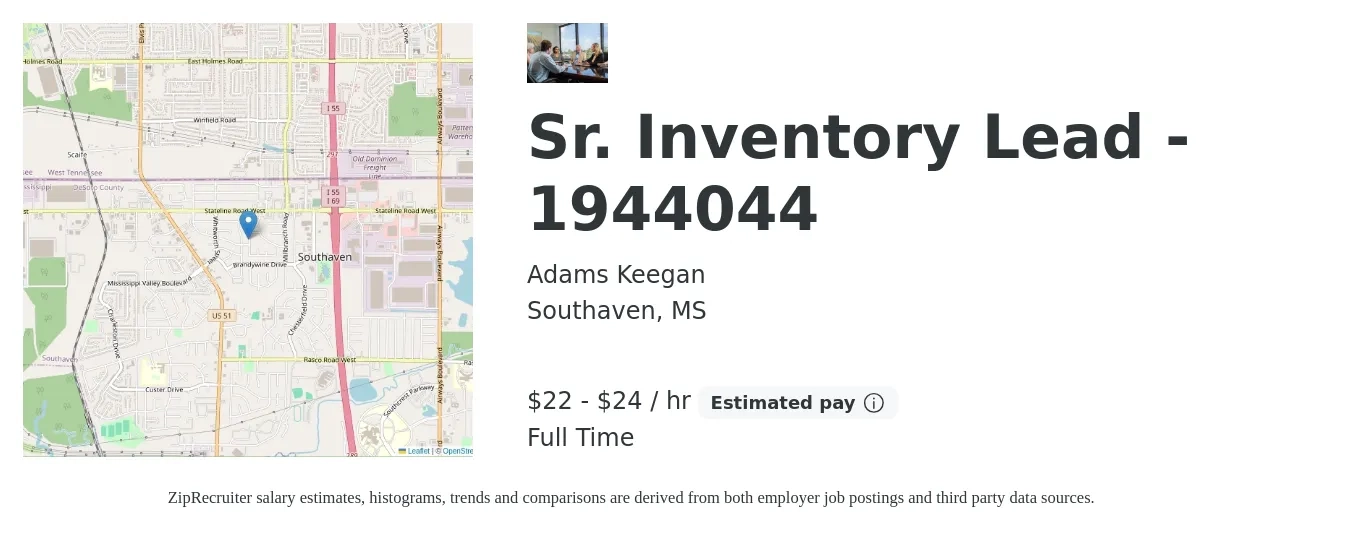 Adams Keegan job posting for a Sr. Inventory Lead - 1944044 in Southaven, MS with a salary of $23 to $25 Hourly with a map of Southaven location.