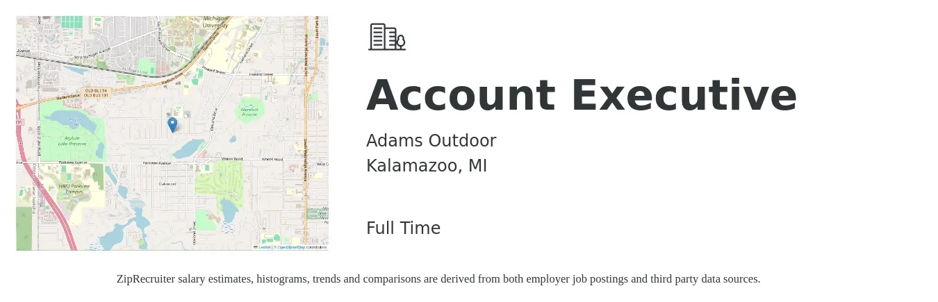 Adams Outdoor job posting for a Account Executive in Kalamazoo, MI with a salary of $100,000 Yearly with a map of Kalamazoo location.