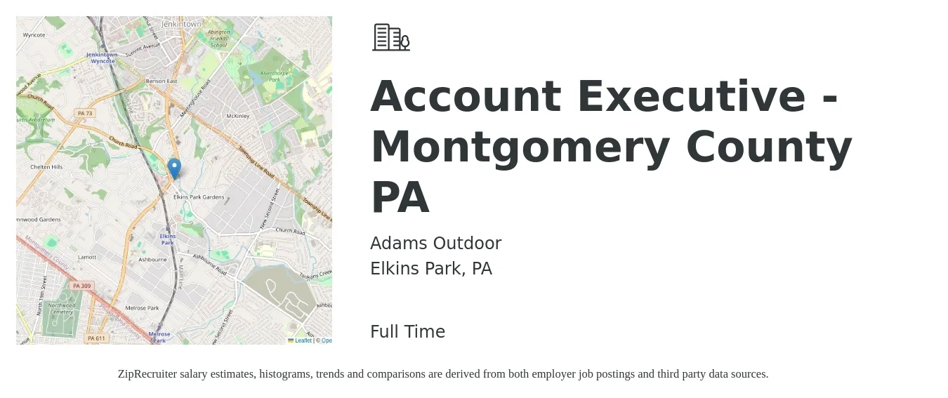 Adams Outdoor job posting for a Account Executive - Montgomery County PA in Elkins Park, PA with a salary of $100,000 Yearly with a map of Elkins Park location.