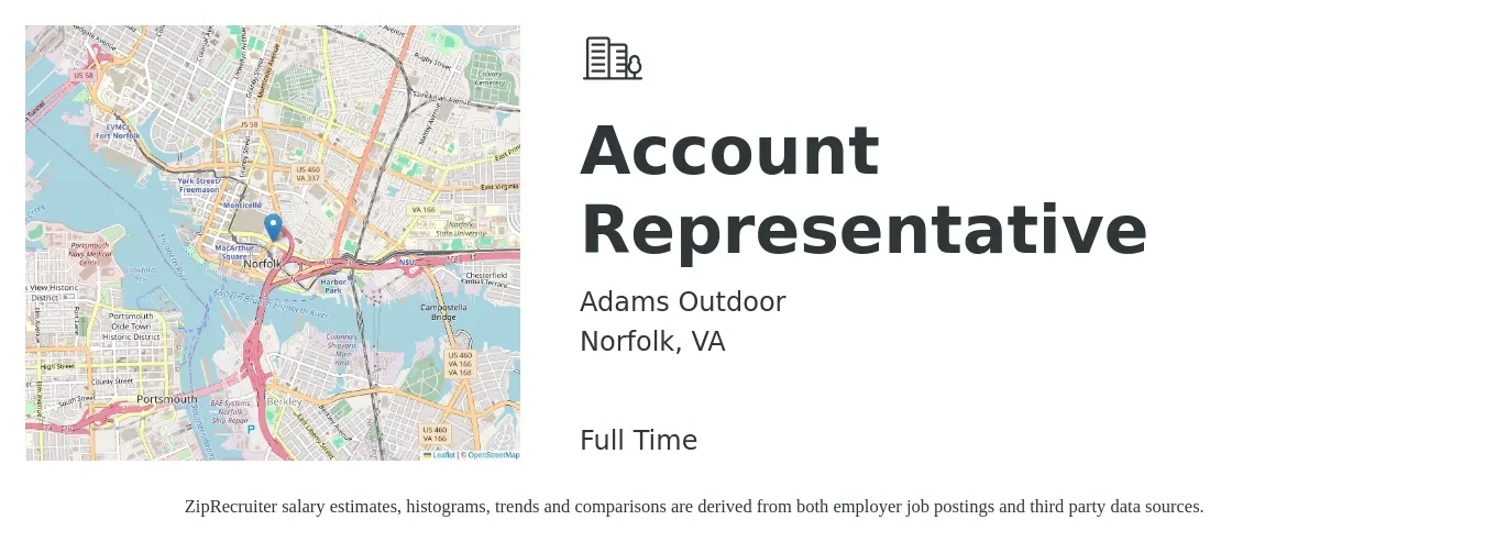 Adams Outdoor job posting for a Account Representative in Norfolk, VA with a salary of $34,500 to $60,700 Yearly with a map of Norfolk location.