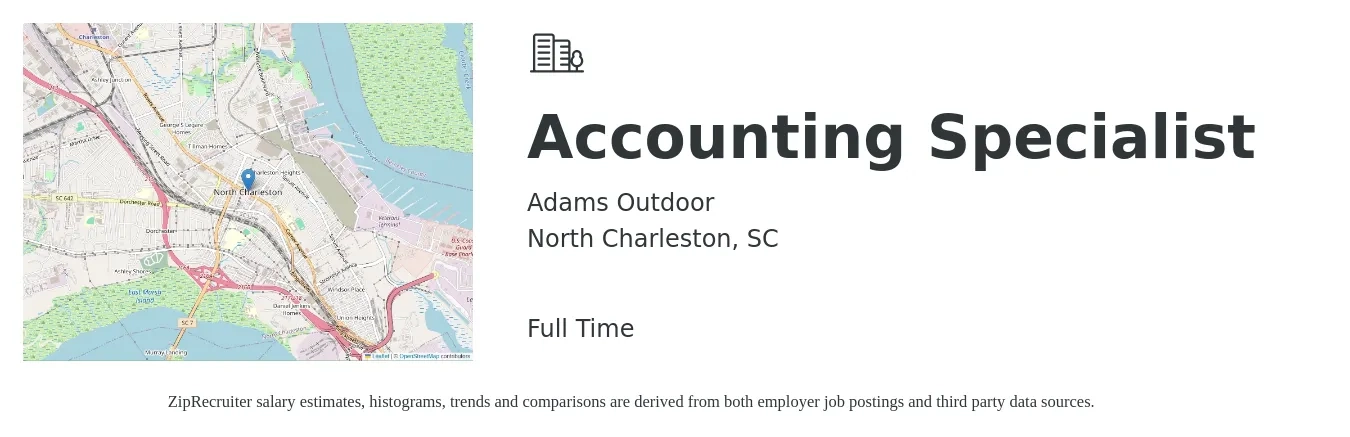 Adams Outdoor job posting for a Accounting Specialist in North Charleston, SC with a salary of $20 to $28 Hourly with a map of North Charleston location.