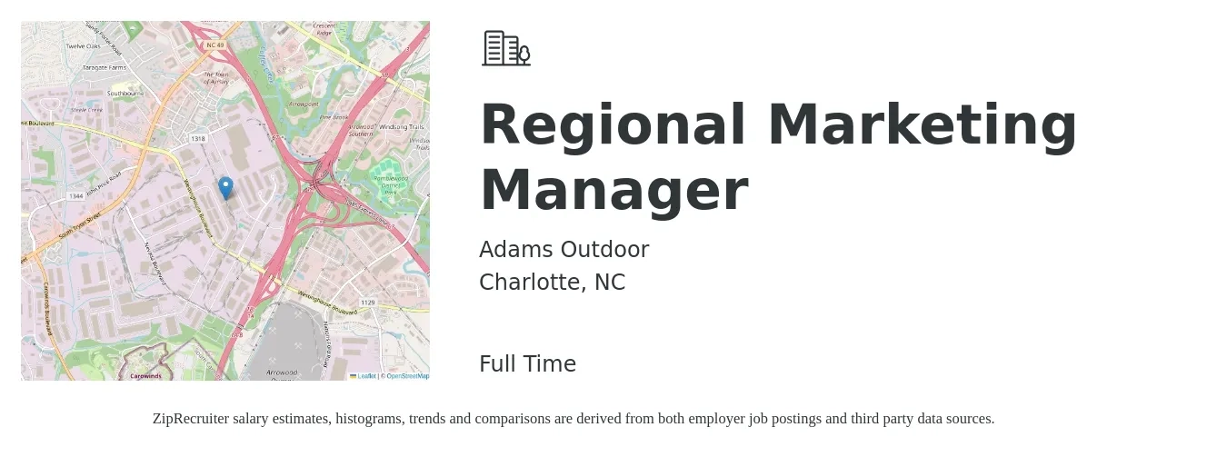 Adams Outdoor job posting for a Regional Marketing Manager in Charlotte, NC with a salary of $50,800 to $83,400 Yearly with a map of Charlotte location.