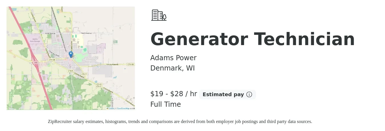 Adams Power job posting for a Generator Technician in Denmark, WI with a salary of $20 to $30 Hourly with a map of Denmark location.