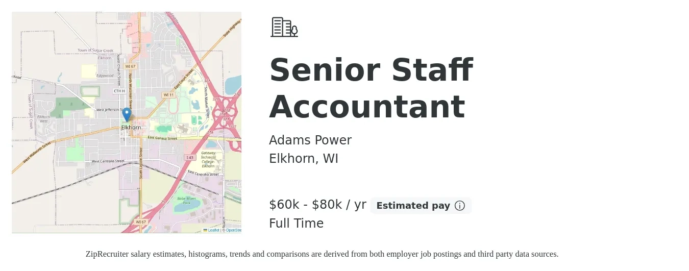 Adams Power job posting for a Senior Staff Accountant in Elkhorn, WI with a salary of $60,000 to $80,000 Yearly with a map of Elkhorn location.