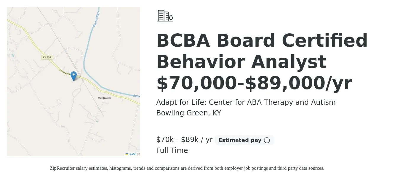 Adapt for Life: Center for ABA Therapy and Autism job posting for a BCBA Board Certified Behavior Analyst $70,000-$89,000/yr in Bowling Green, KY with a salary of $70,000 to $89,000 Yearly with a map of Bowling Green location.
