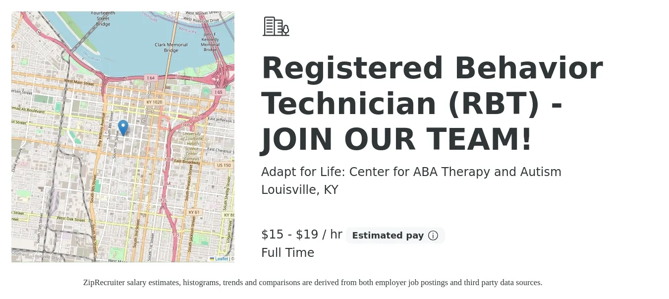 Adapt for Life: Center for ABA Therapy and Autism job posting for a Registered Behavior Technician (RBT) - JOIN OUR TEAM! in Louisville, KY with a salary of $16 to $20 Hourly with a map of Louisville location.