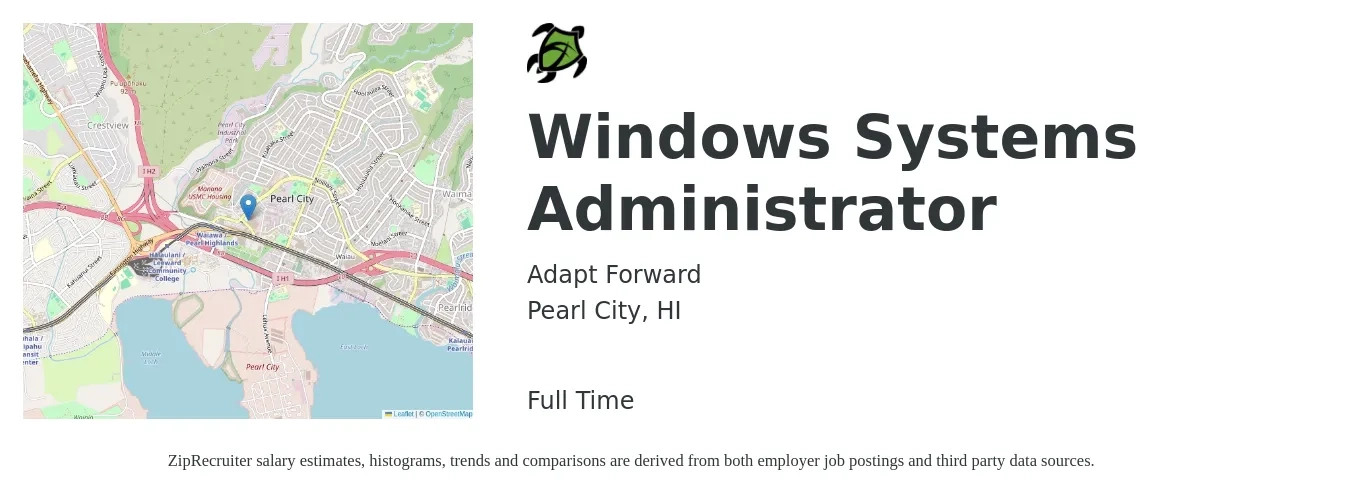 Adapt Forward job posting for a Windows Systems Administrator in Pearl City, HI with a salary of $82,100 to $114,900 Yearly with a map of Pearl City location.