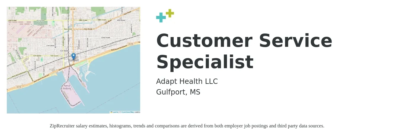 AdaptHealth LLC job posting for a Customer Service Specialist in Gulfport, MS with a salary of $17 to $22 Hourly with a map of Gulfport location.