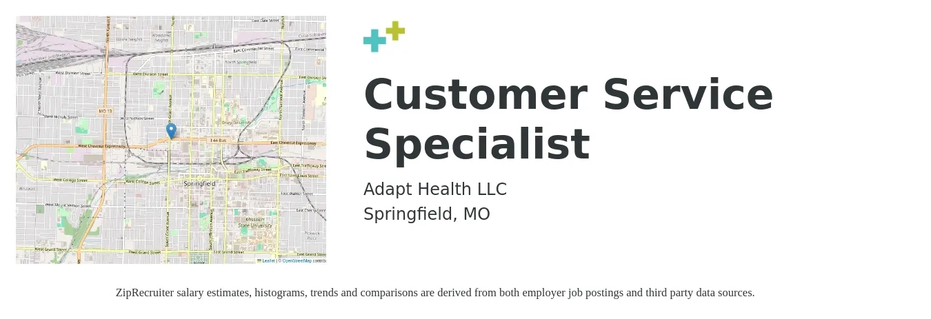 AdaptHealth LLC job posting for a Customer Service Specialist in Springfield, MO with a salary of $14 to $19 Hourly with a map of Springfield location.