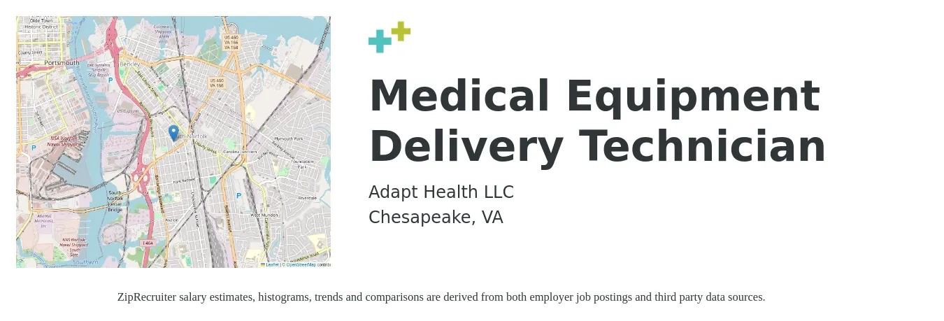 Adapt Health LLC job posting for a Medical Equipment Delivery Technician in Chesapeake, VA with a salary of $15 to $18 Hourly with a map of Chesapeake location.