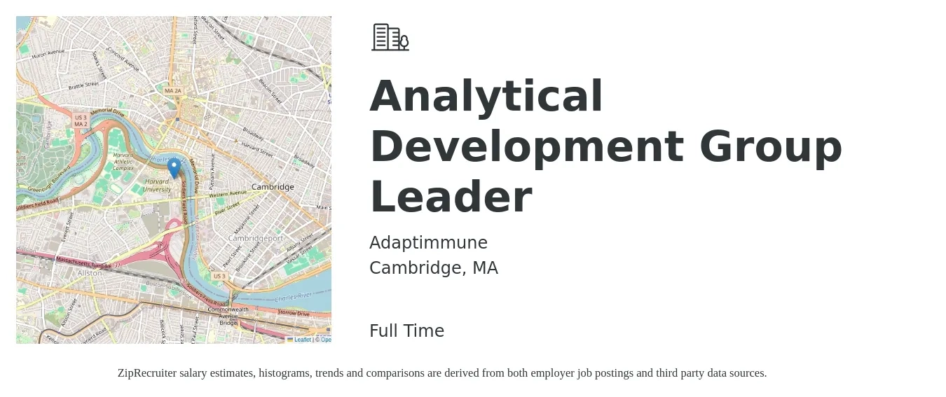 Adaptimmune job posting for a Analytical Development Group Leader in Cambridge, MA with a salary of $102,700 to $272,200 Yearly with a map of Cambridge location.