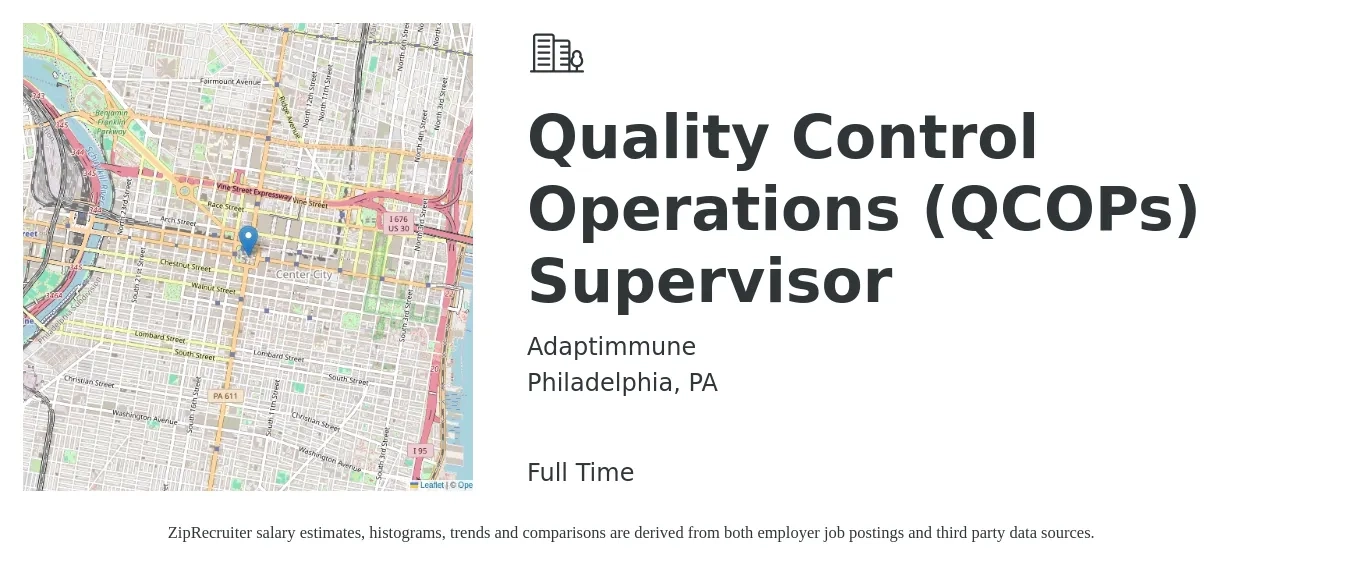 Adaptimmune job posting for a Quality Control Operations (QCOPs) Supervisor in Philadelphia, PA with a salary of $55,600 to $91,800 Yearly with a map of Philadelphia location.