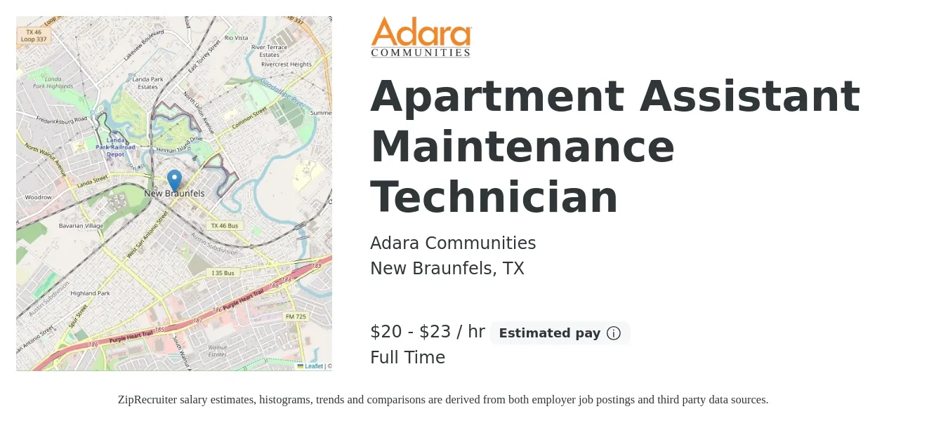 Adara Communities job posting for a Apartment Assistant Maintenance Technician in New Braunfels, TX with a salary of $21 to $24 Hourly with a map of New Braunfels location.