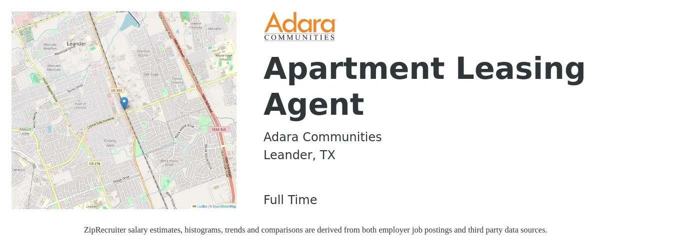 Adara Communities job posting for a Apartment Leasing Agent in Leander, TX with a salary of $18 to $20 Hourly with a map of Leander location.