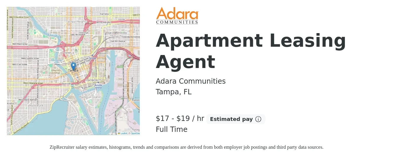 Adara Communities job posting for a Apartment Leasing Agent in Tampa, FL with a salary of $18 to $20 Hourly with a map of Tampa location.