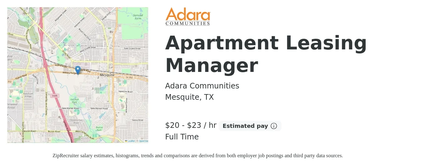 Adara Communities job posting for a Apartment Leasing Manager in Mesquite, TX with a salary of $21 to $24 Hourly with a map of Mesquite location.