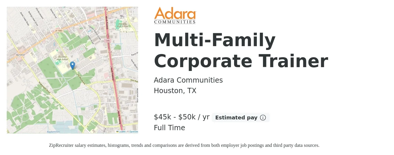 Adara Communities job posting for a Multi-Family Corporate Trainer in Houston, TX with a salary of $45,000 to $50,000 Yearly with a map of Houston location.