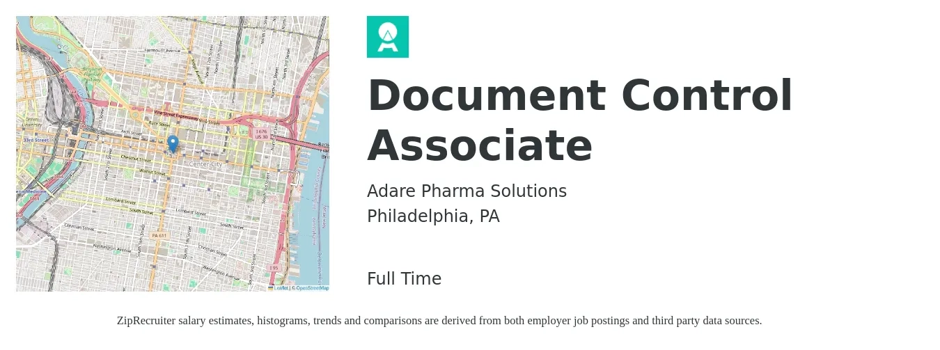 Adare Pharma Solutions job posting for a Document Control Associate in Philadelphia, PA with a salary of $20 to $35 Hourly with a map of Philadelphia location.