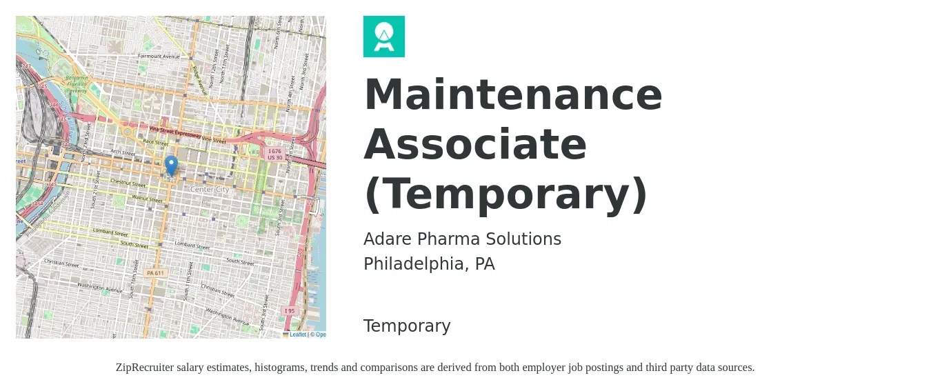 Adare Pharma Solutions job posting for a Maintenance Associate (Temporary) in Philadelphia, PA with a salary of $16 to $22 Hourly with a map of Philadelphia location.