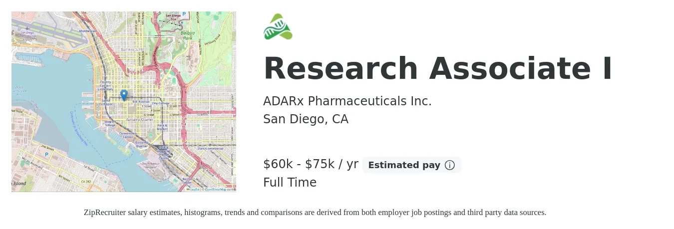 ADARx Pharmaceuticals Inc. job posting for a Research Associate I in San Diego, CA with a salary of $60,000 to $75,000 Yearly with a map of San Diego location.