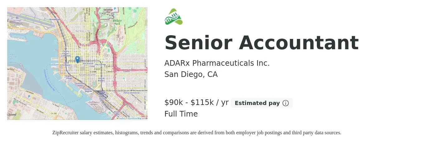 ADARx Pharmaceuticals Inc. job posting for a Senior Accountant in San Diego, CA with a salary of $90,000 to $115,000 Yearly with a map of San Diego location.