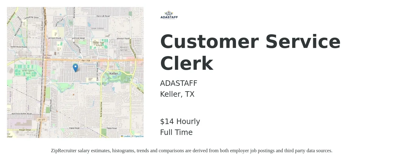 ADASTAFF job posting for a Customer Service Clerk in Keller, TX with a salary of $15 Hourly with a map of Keller location.