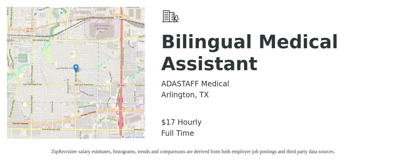 ADASTAFF Medical job posting for a Bilingual Medical Assistant in Arlington, TX with a salary of $18 Hourly with a map of Arlington location.