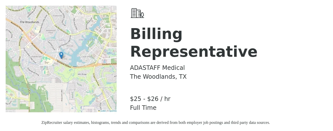 ADASTAFF Medical job posting for a Billing Representative in The Woodlands, TX with a salary of $25 to $27 Hourly with a map of The Woodlands location.