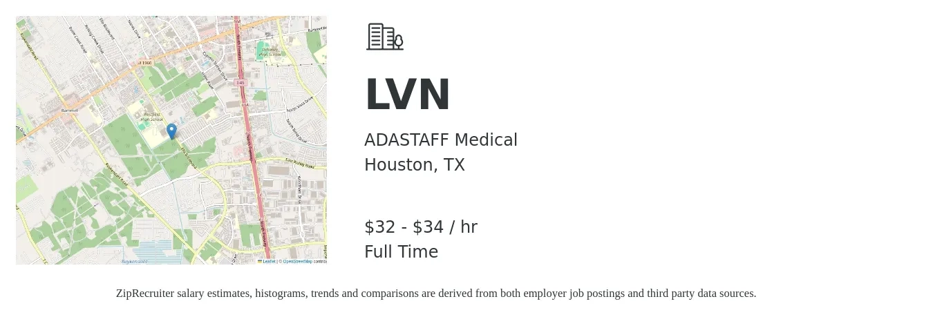 ADASTAFF Medical job posting for a LVN in Houston, TX with a salary of $34 to $36 Hourly with a map of Houston location.