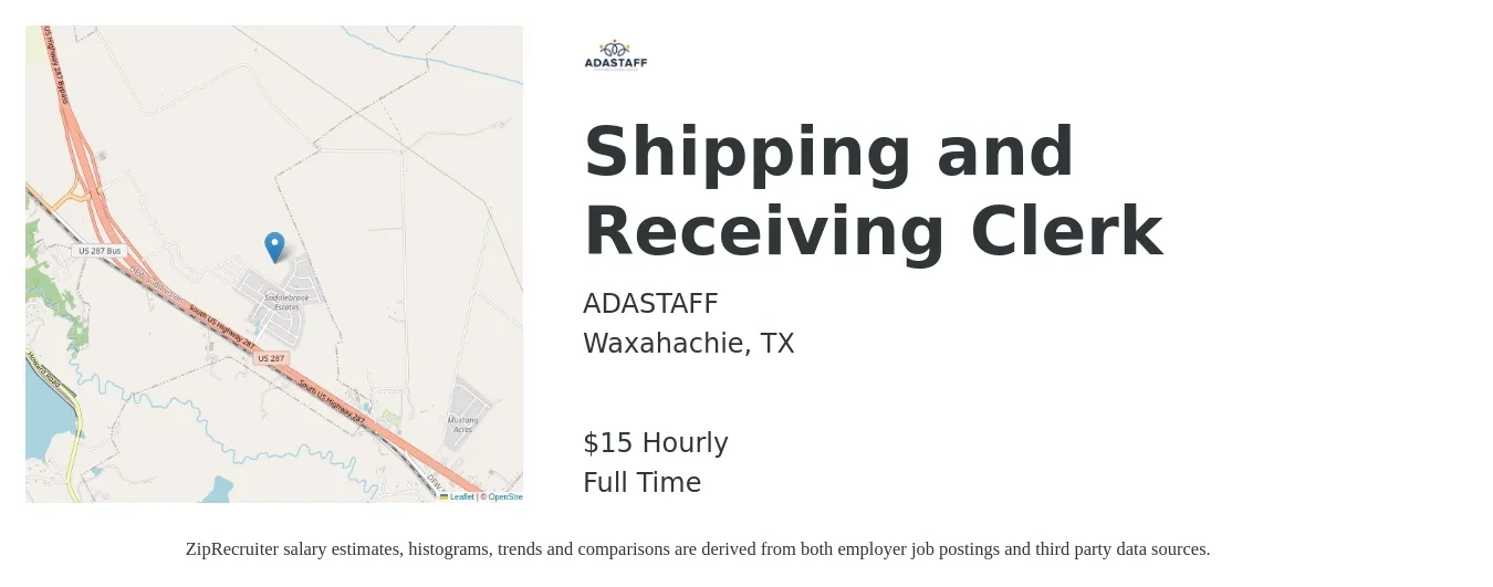ADASTAFF job posting for a Shipping and Receiving Clerk in Waxahachie, TX with a salary of $16 Hourly with a map of Waxahachie location.