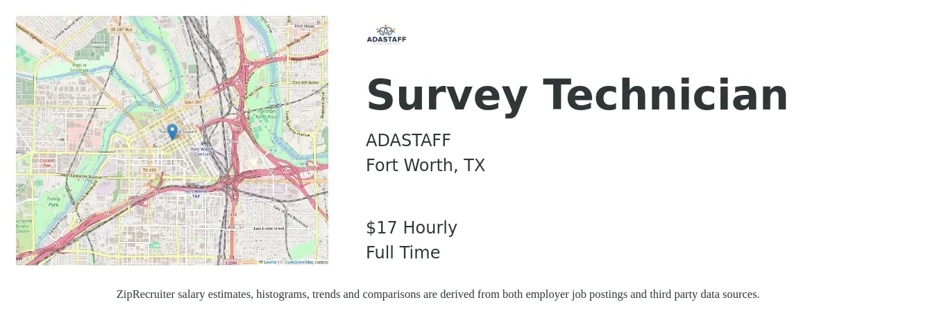 ADASTAFF job posting for a Survey Technician in Fort Worth, TX with a salary of $18 Hourly with a map of Fort Worth location.
