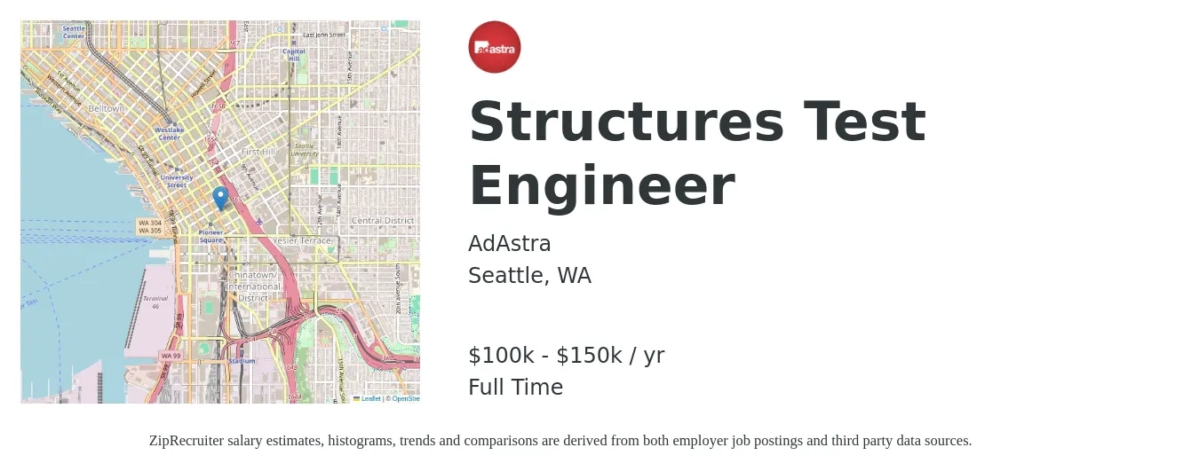 AdAstra job posting for a Structures Test Engineer in Seattle, WA with a salary of $100,400 to $150,700 Yearly with a map of Seattle location.