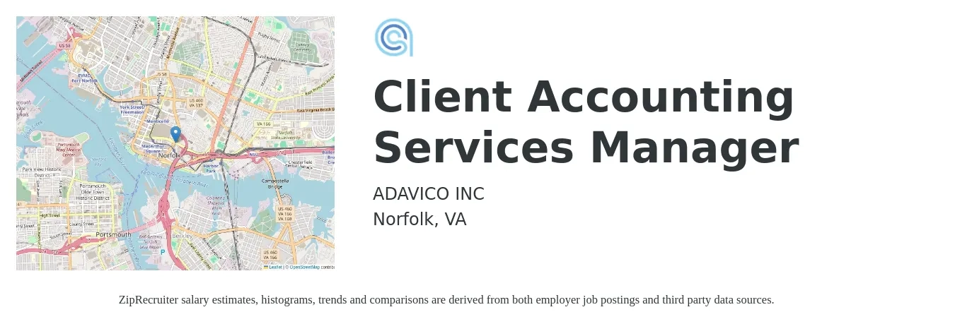 ADAVICO INC job posting for a Client Accounting Services Manager in Norfolk, VA with a salary of $85,000 to $125,000 Yearly with a map of Norfolk location.