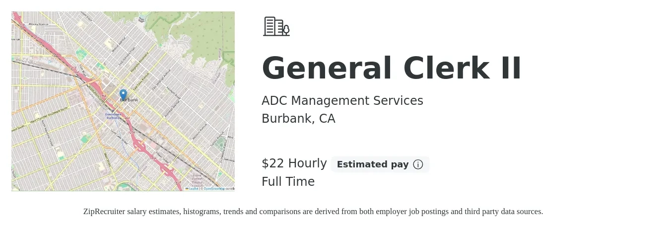 ADC Management Services job posting for a General Clerk II in Burbank, CA with a salary of $23 Hourly with a map of Burbank location.