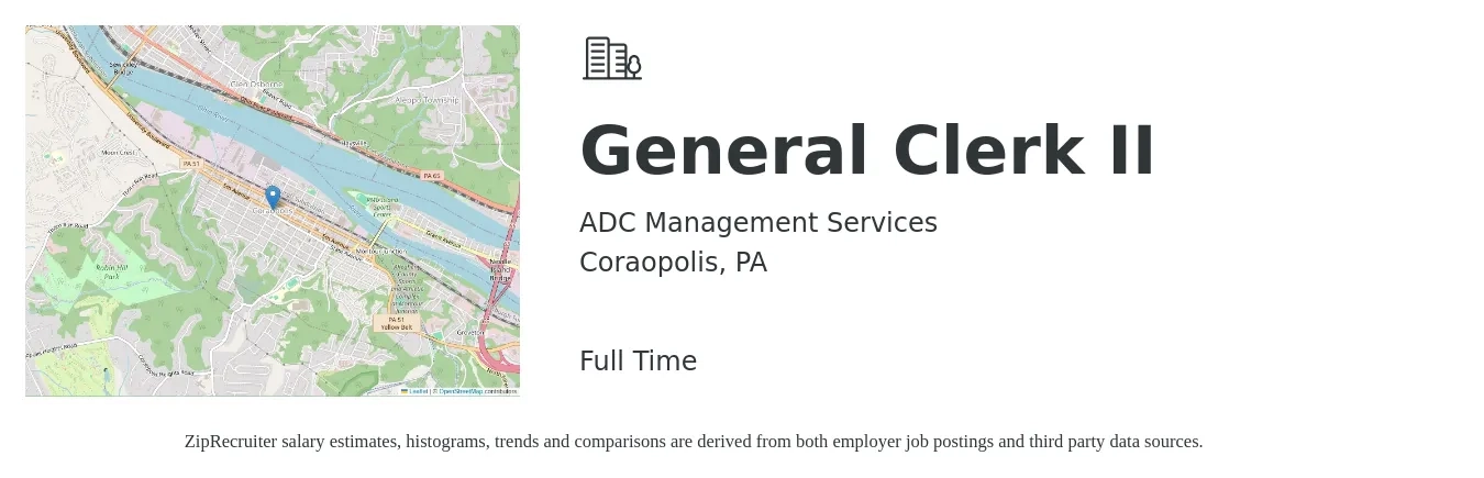 ADC Management Services job posting for a General Clerk II in Coraopolis, PA with a salary of $22 Hourly with a map of Coraopolis location.