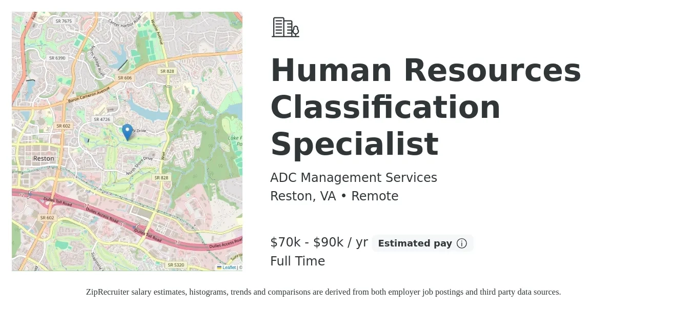 ADC Management Services job posting for a Human Resources Classification Specialist in Reston, VA with a salary of $70,000 to $90,000 Yearly with a map of Reston location.