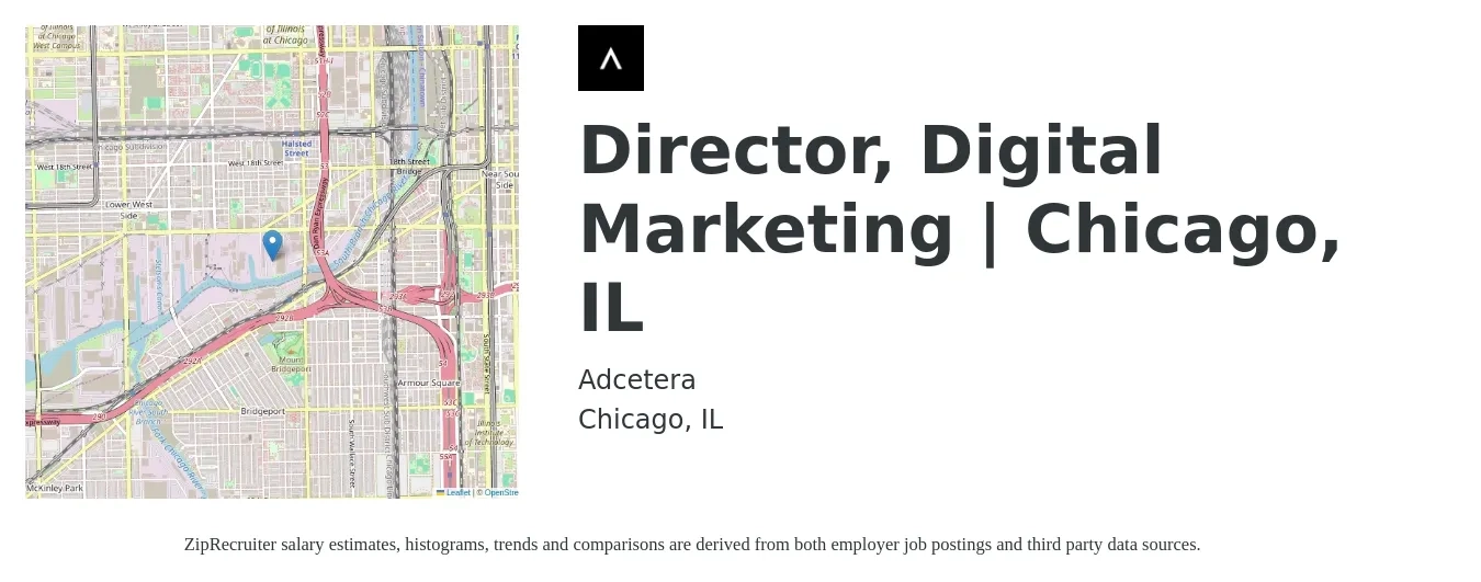 Adcetera job posting for a Director, Digital Marketing | Chicago, IL in Chicago, IL with a salary of $86,500 to $150,100 Yearly with a map of Chicago location.