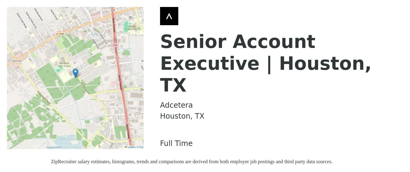 Adcetera job posting for a Senior Account Executive | Houston, TX in Houston, TX with a salary of $73,500 to $112,600 Yearly with a map of Houston location.