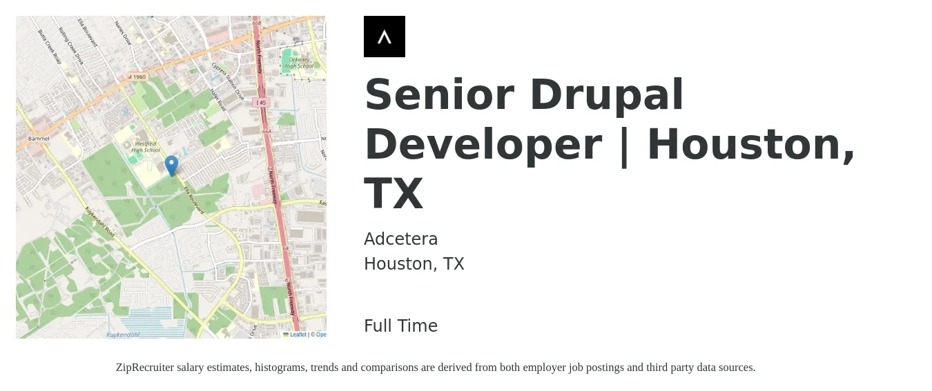 Adcetera job posting for a Senior Drupal Developer | Houston, TX in Houston, TX with a salary of $96,400 to $134,100 Yearly with a map of Houston location.